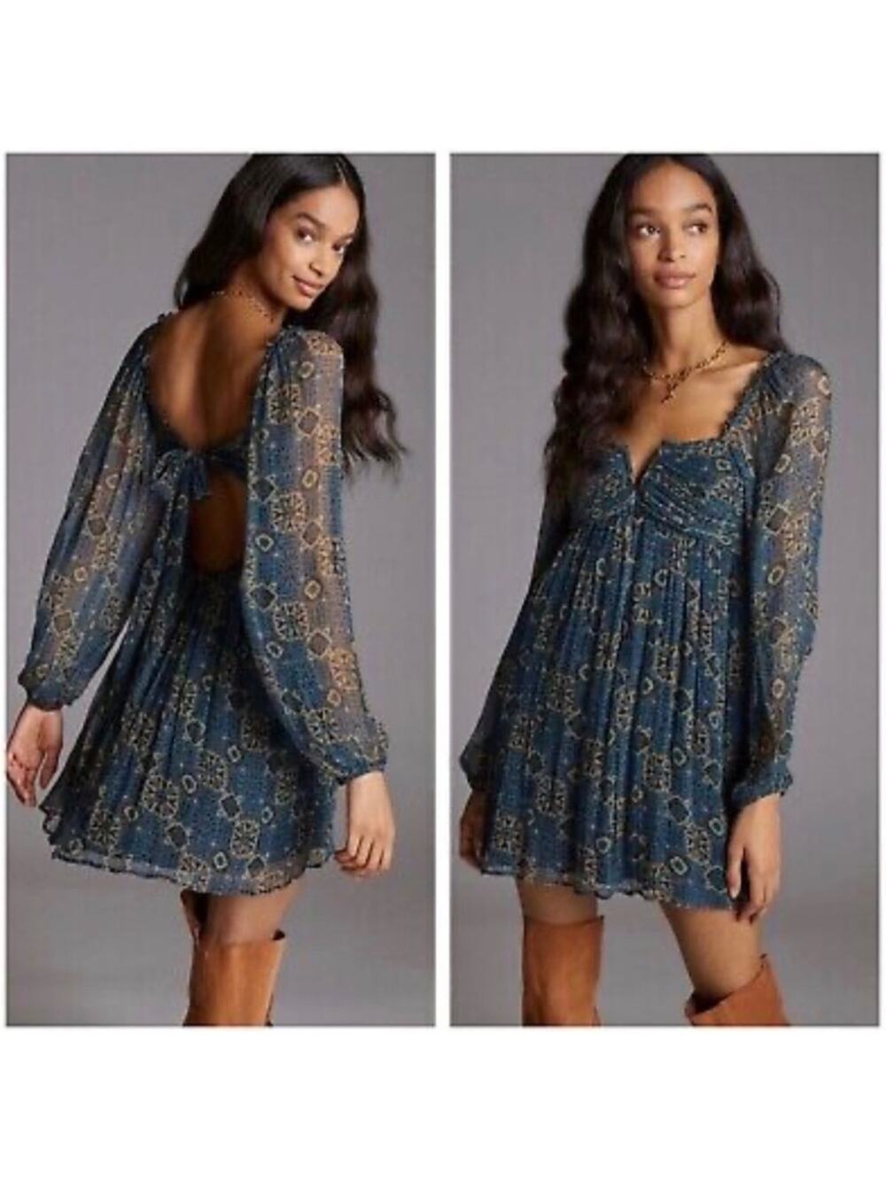 Anthropologie Let me‎ be babydoll mini dress balloon sleeve crimped sz S